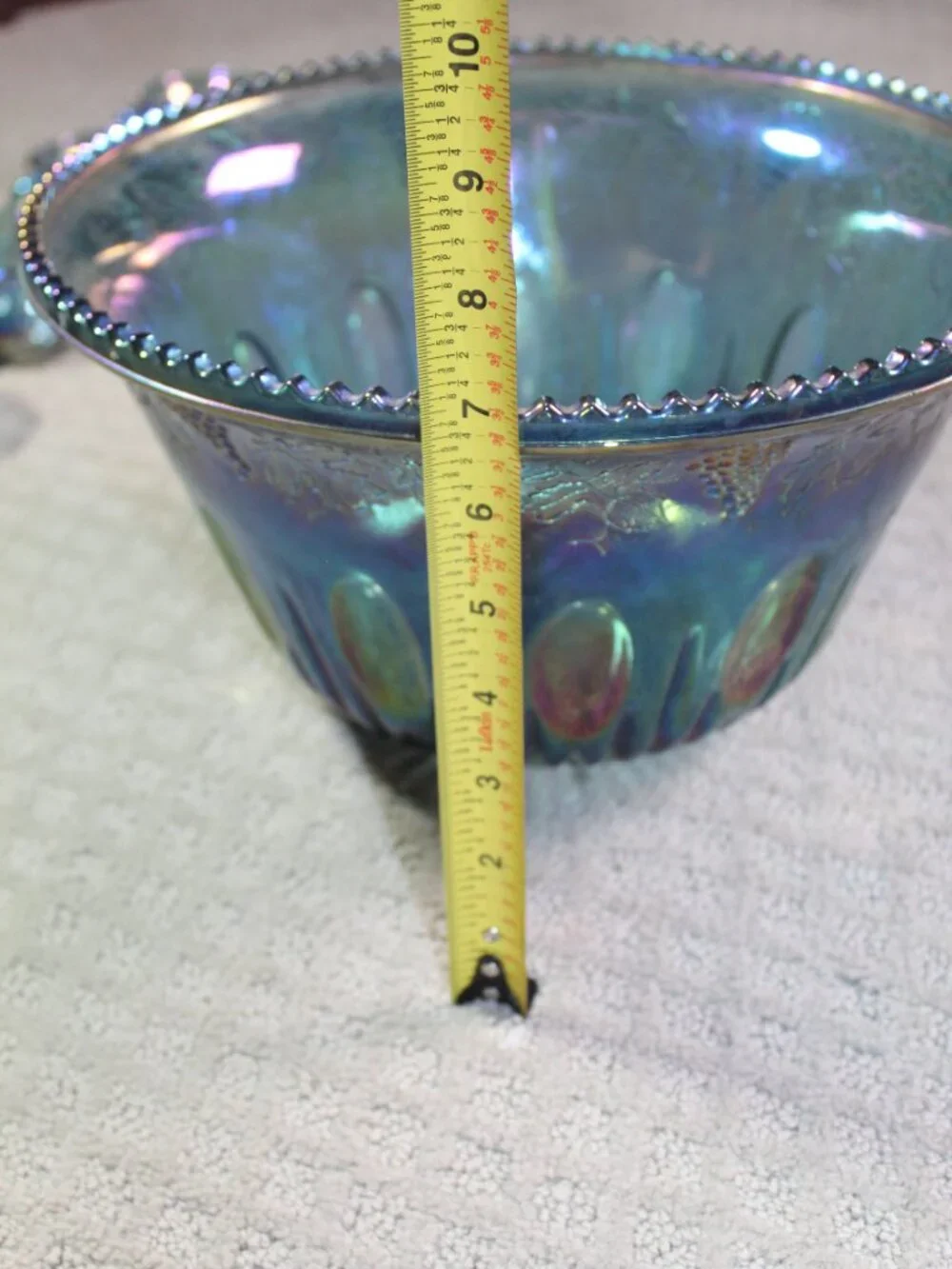 Vintage Indiana Glass Co Iridescent Blue Carnival Glass Punch Bowl & 12 Glasses